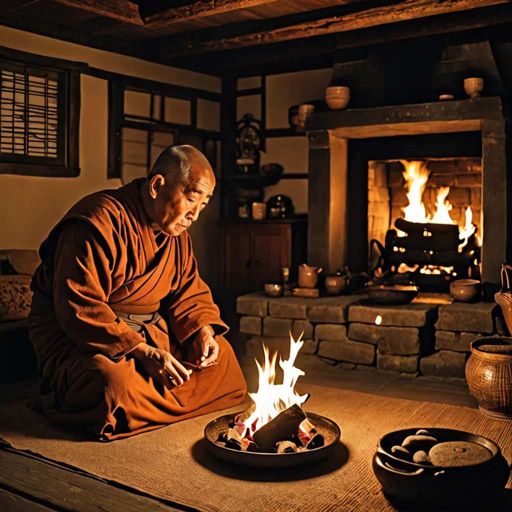 a man sitting in front of a fire in a room with a fireplace and a bowl of food on the floor, dau-al-set, a character portrait, Byeon Sang-byeok, warm light