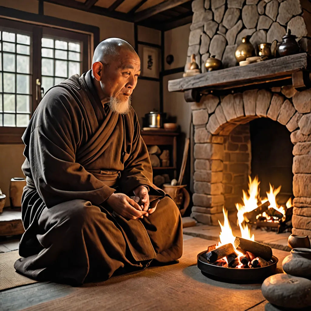 a man sitting in front of a fire in a room with a fireplace and a stone fire place in it, dau-al-set, a character portrait, Fang Congyi, promotional image
