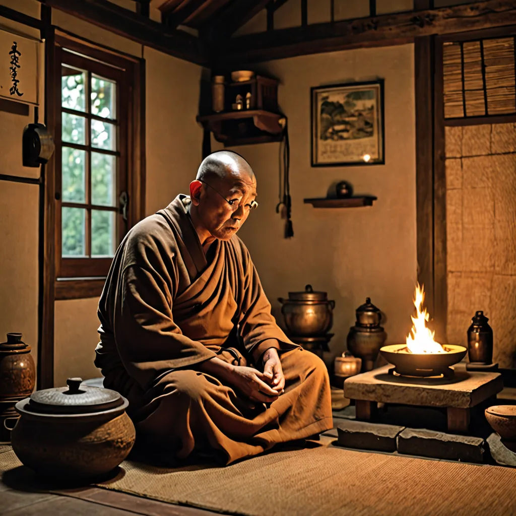 a man sitting on a mat in a room with a fire in the background and a lit candle in the middle, dau-al-set, a character portrait, Byeon Sang-byeok, promotional image