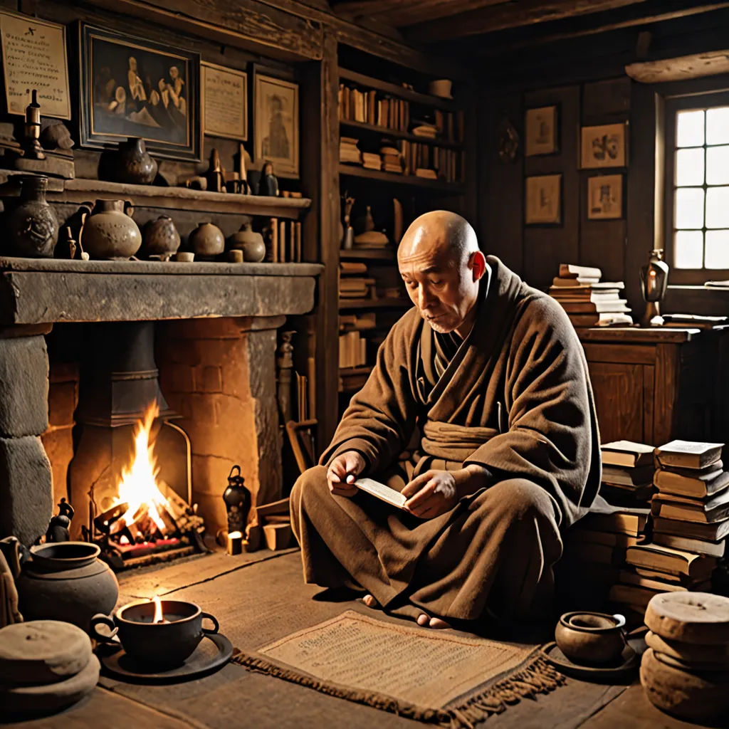 a man sitting on a floor in front of a fire place reading a book in a room with a fireplace, academic art, a detailed matte painting, Fang Congyi, phuoc quan