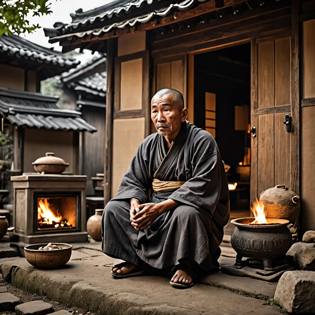 a man sitting on a stone step in front of a fire place with a pot and bowl on the ground, dau-al-set, a character portrait, Fei Danxu, kyoto studio