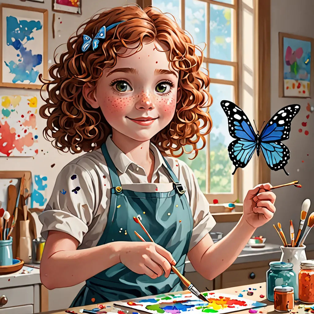 a painting of a girl with a butterfly on her finger and a paintbrush in her hand, in front of a window, american scene painting, a detailed painting, artist, detailed painting