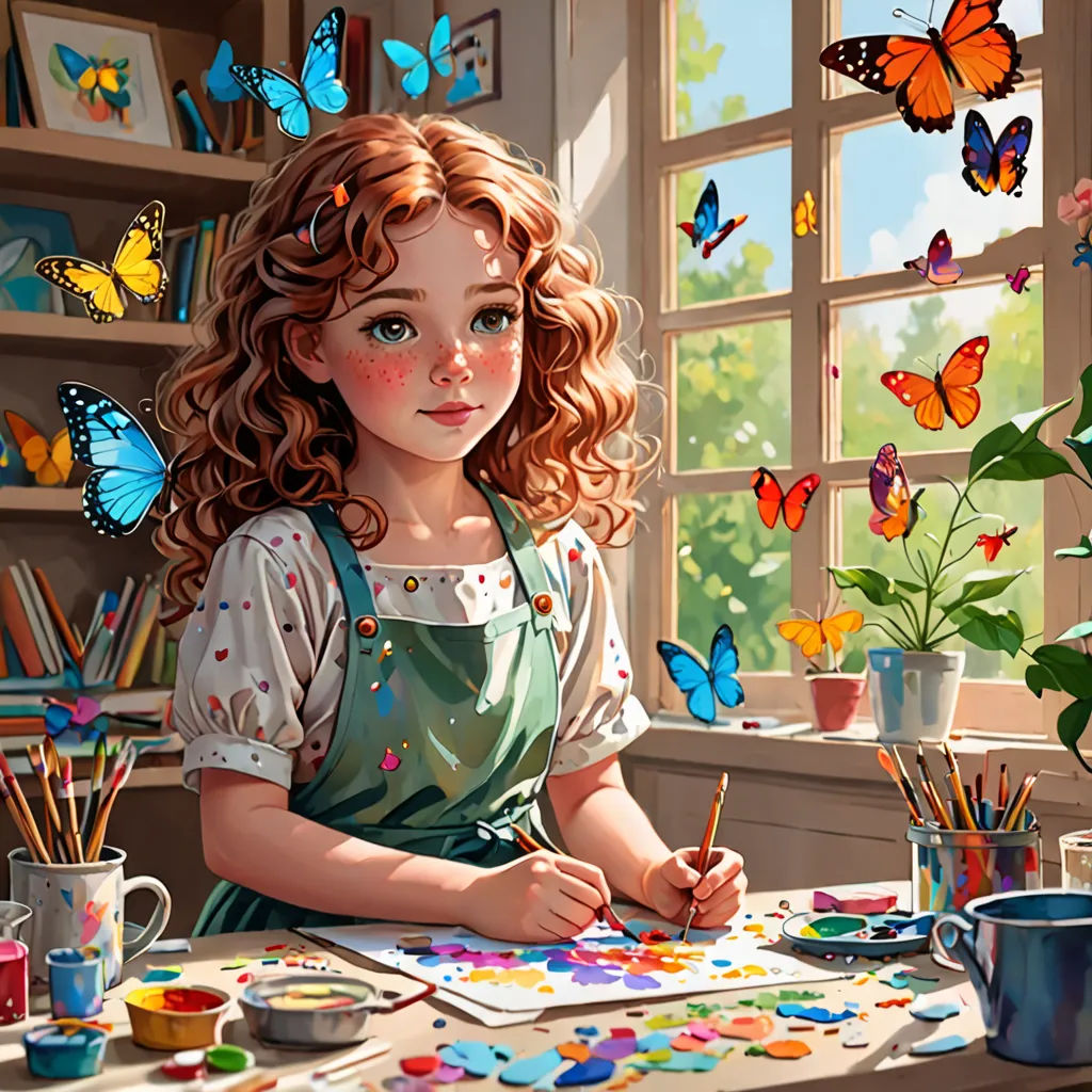 a painting of a girl sitting at a table with a paintbrush and a cup of paint and butterflies, fantasy art, a detailed painting, artist, detailed painting