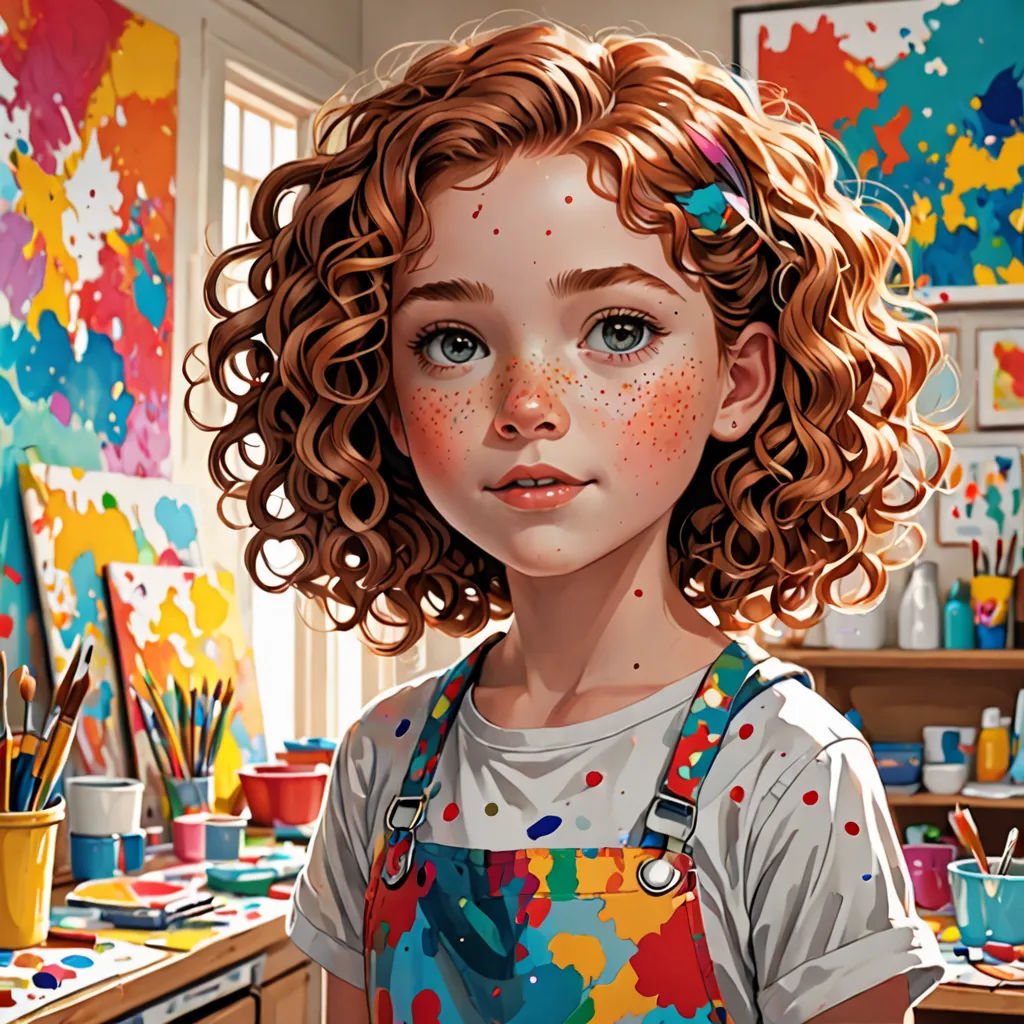 a painting of a girl with red hair and blue eyes in a messy room with lots of paintbrushes, photorealism, a detailed painting, Artgerm, highly detailed digital painting