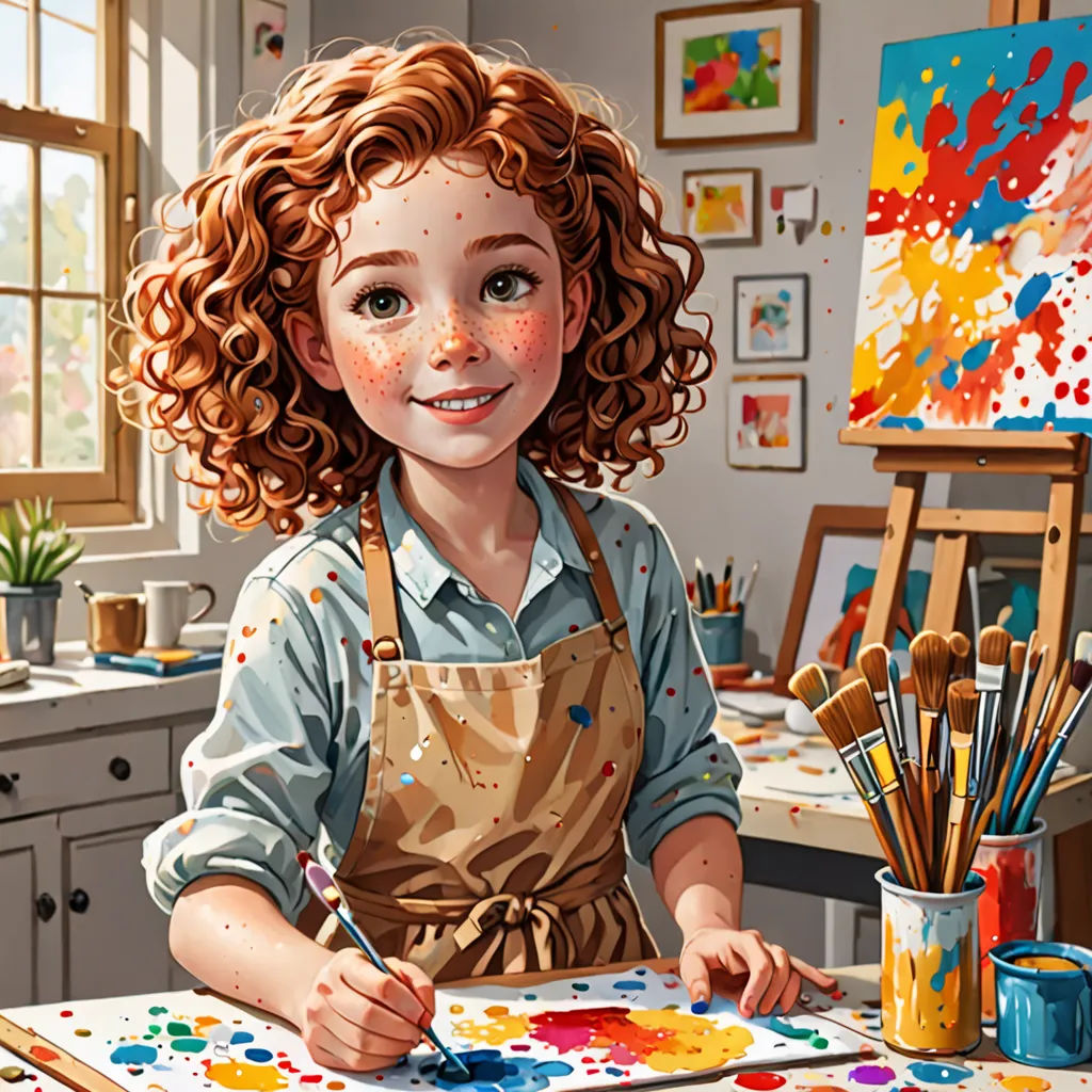 a painting of a girl with red hair and blue eyes is sitting at a table with paint and brushes, american scene painting, a detailed painting, artist, professional digital painting