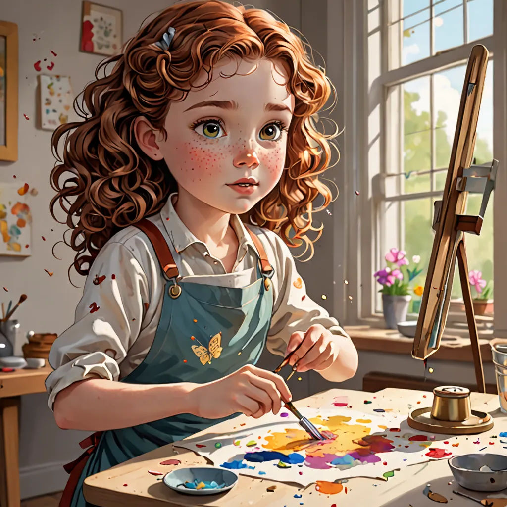 a painting of a girl with curly hair is sitting at a table with a palette and paintbrush in her hand, fantasy art, a detailed painting, artist, professional digital painting