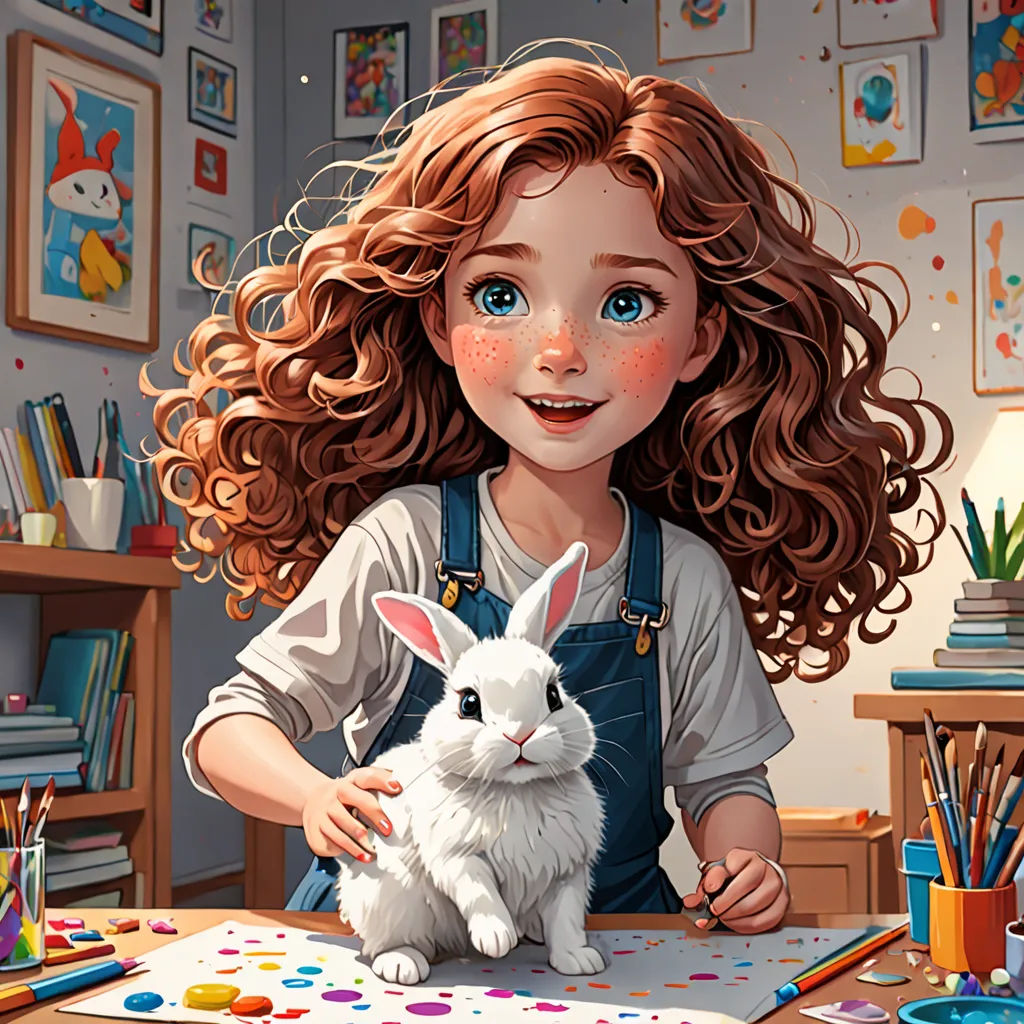a girl is holding a white rabbit in her hands and painting it with watercolors on the table, fantasy art, a storybook illustration, artist, trending on art station