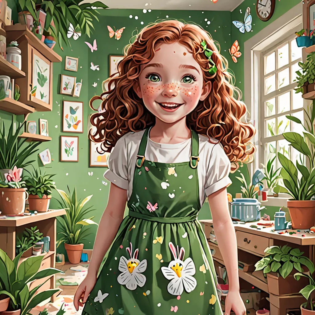 a painting of a girl in a green kitchen with potted plants and a clock on the wall behind her, magic realism, a storybook illustration, Claire Hummel, highly detailed digital painting