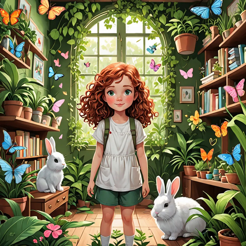 a girl standing in a room with two rabbits in front of her and a window with butterflies on it, magic realism, a storybook illustration, Alice Prin, storybook illustration