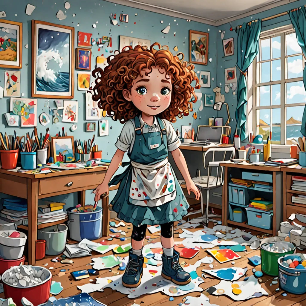 a girl in a messy room with a messy floor and a messy desk with a lot of papers all over it, photorealism, a detailed painting, artist, highly detailed digital painting