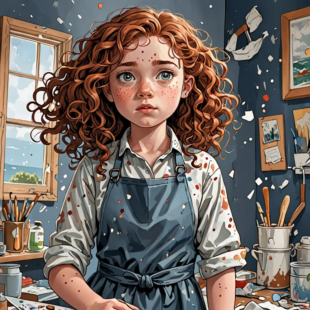 a painting of a girl with red hair in a kitchen with a messy counter top and a messy window, hyperrealism, a detailed painting, Aaron Jasinski, highly detailed digital painting