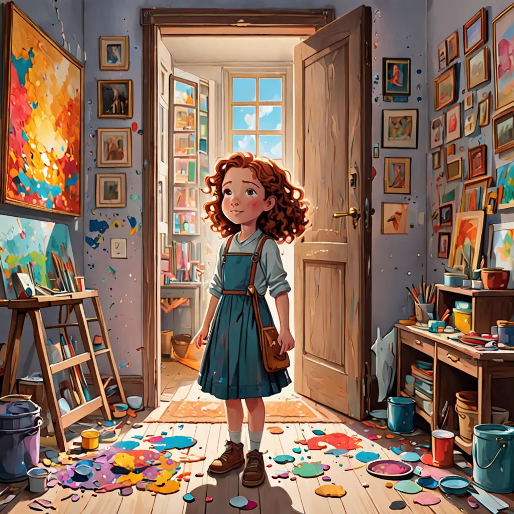 a girl standing in a room with a lot of art on the floor and a painting on the wall, art & language, a painting, artist, art station