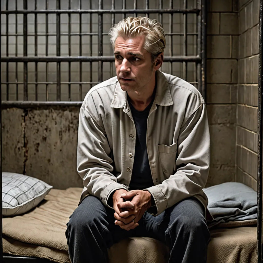 a man sitting on a bed in a jail cell area with his hands folded up in front of his chest, Charles Martin, figuration libre, a poster, promotional image