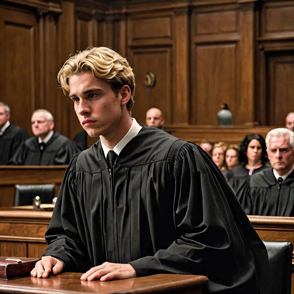 a man in a courtroom with a judge in the background looking at the camera with a serious look on his face, David Budd, institutional critique, a stock photo, promotional image