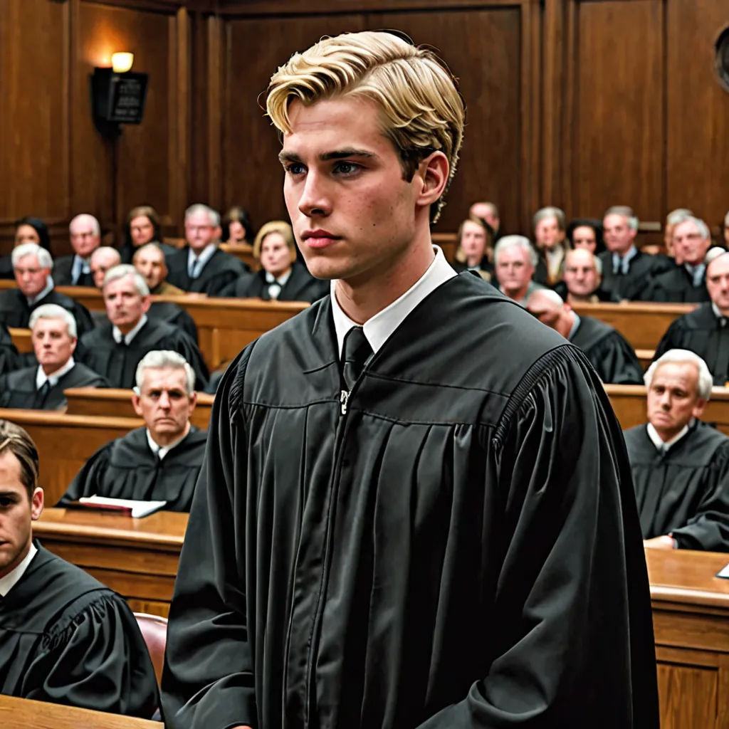 a man in a courtroom with a black robe on and a black tie on and a group of men in black robes, David Budd, american realism, a poster, promotional image