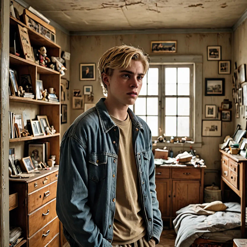 a young man standing in a room with a bed and a desk in it and a window in the background, David Budd, visual art, a character portrait, promotional image