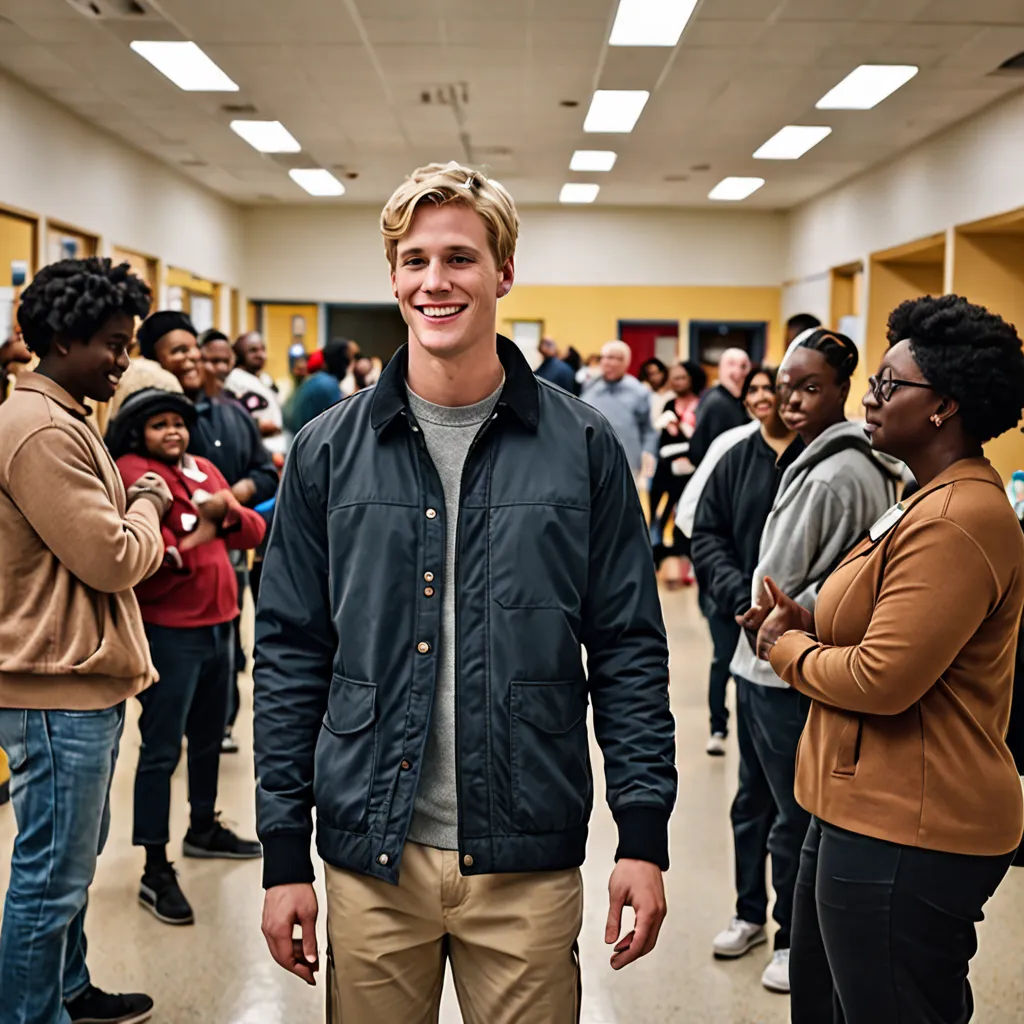 a man standing in a hallway with a group of people around him and smiling at the camera, with a group of people standing around him, Evan Charlton, heidelberg school, a character portrait, promotional image