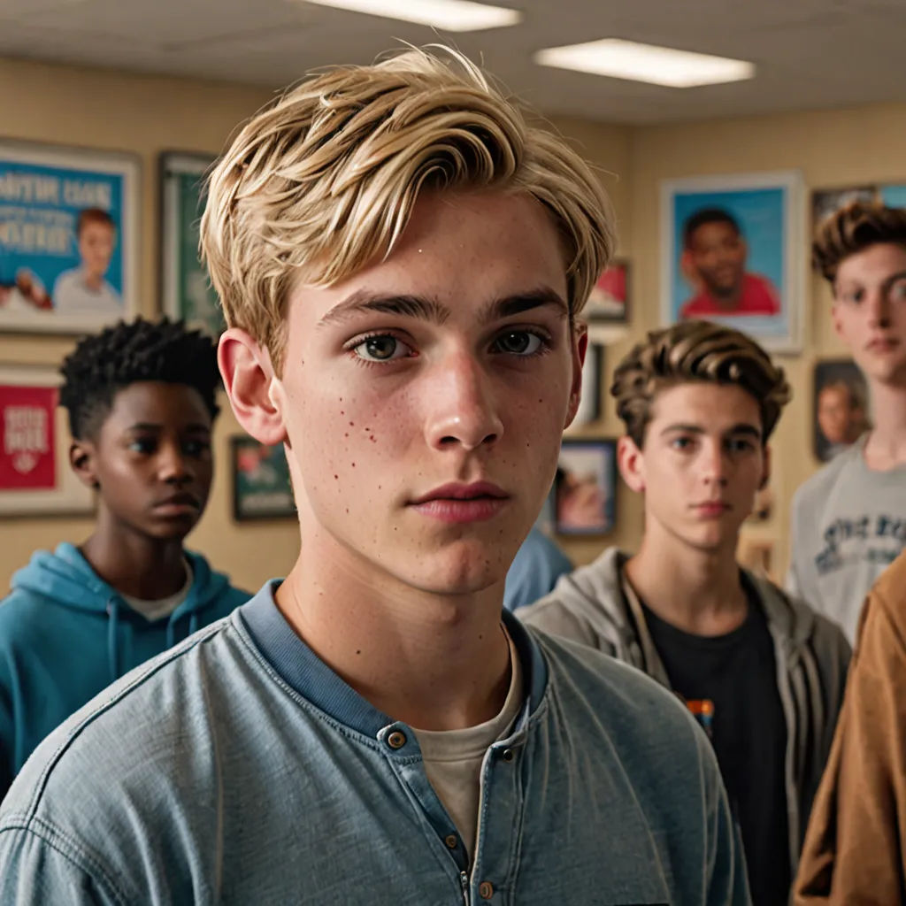 a group of young men standing in a room together with posters on the wall behind them and a man in the middle of the room, Austin English, de stijl, a renaissance painting, promotional image