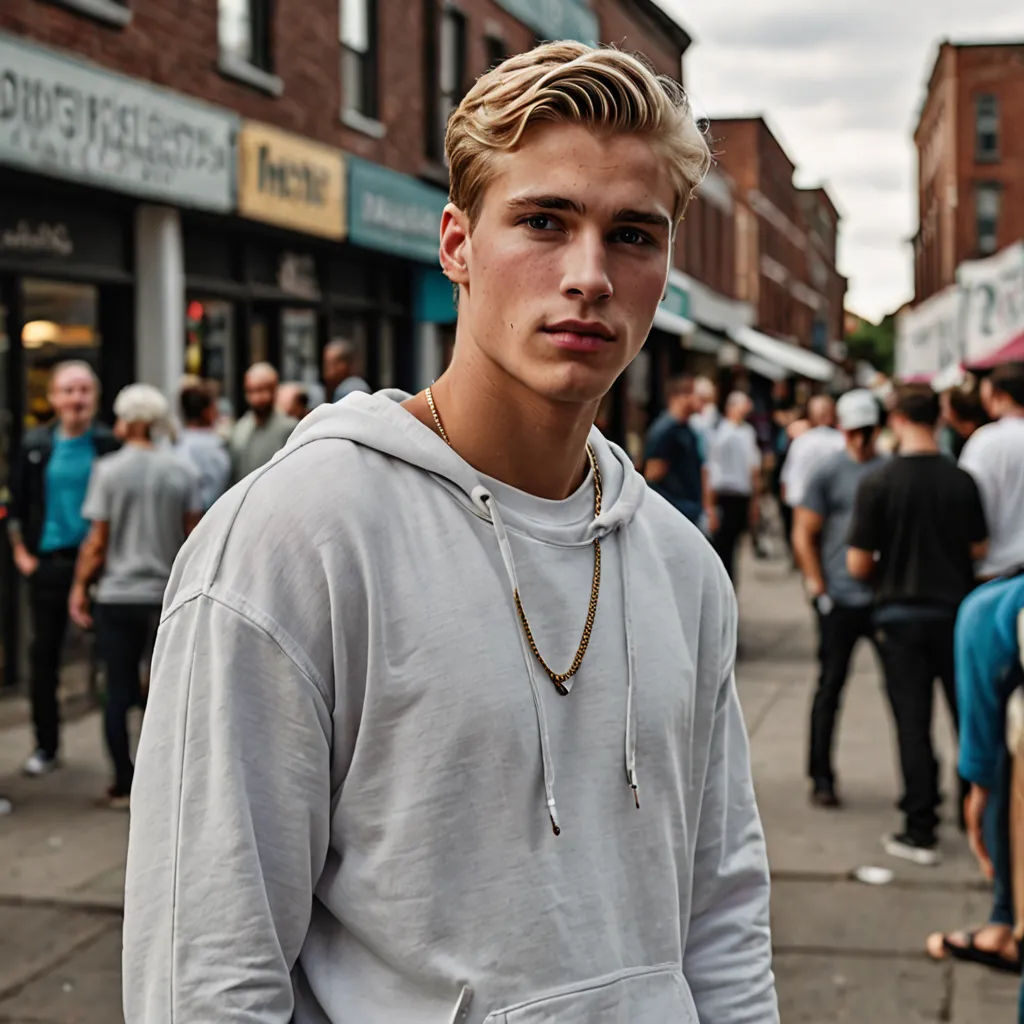 a man standing on a street corner with a crowd of people in the background and a man with a necklace on, Andor Basch, private press, a marble sculpture, mitchell mohrhauser