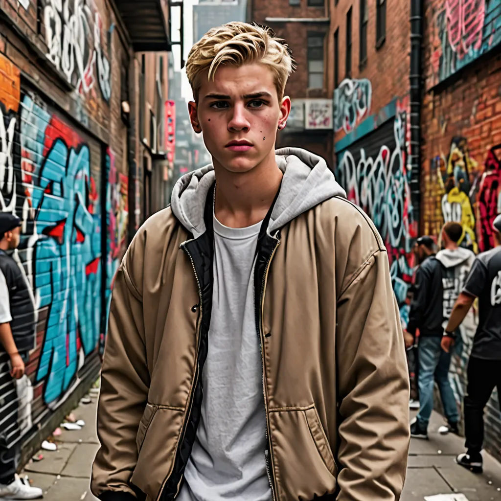 a man standing in front of a graffiti covered wall with his hands in his pockets and his jacket on, Christen Købke, graffiti, a character portrait, promotional image