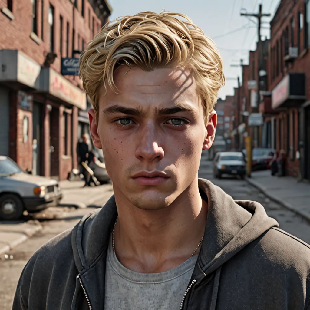 a man with a hoodie on standing in front of a street with cars and buildings on the side, Alexander Kucharsky, hyperrealism, a character portrait, promotional image