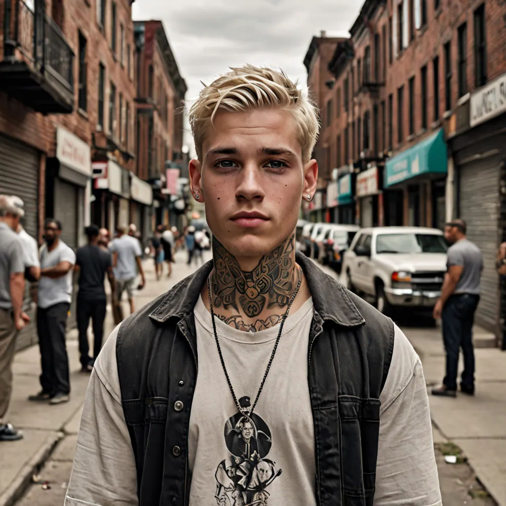 a man with a tattoo on his neck standing on a street corner with other people walking around him and a car parked on the side of the road, Andor Basch, hyperrealism, a tattoo, tattoos
