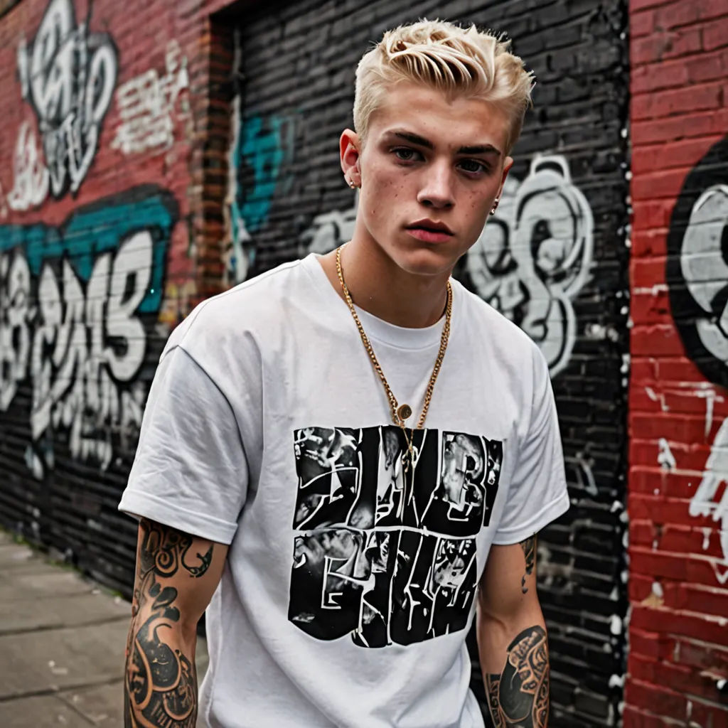 a man with a tattoo on his arm standing in front of a brick wall with graffiti on it and a skateboard, Cam Sykes, private press, a silk screen, grunge
