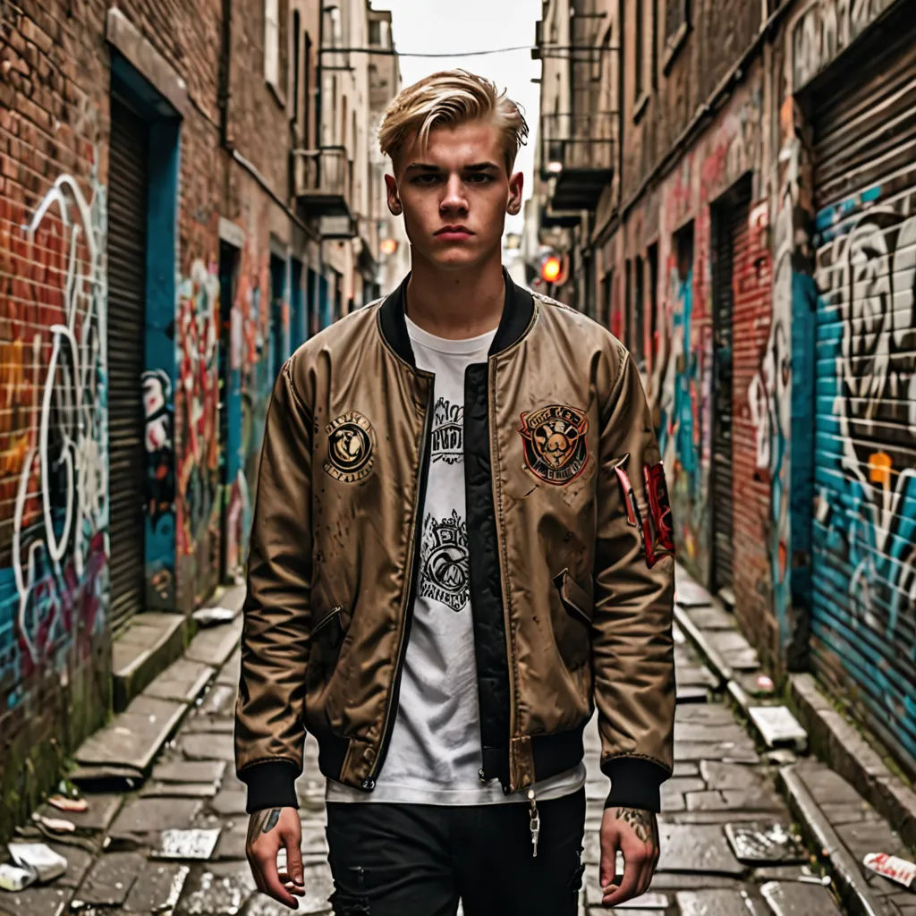 a man in a bomber jacket is walking down a street with graffiti on the walls behind him and a skateboard in his hand, Andor Basch, maximalism, graffiti art, portrait photography