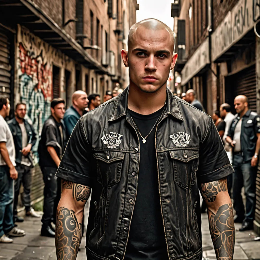 a man with tattoos on his arms and arms walking down a street with other people in the background and a man with a bald head, Cedric Seaut (Keos Masons), lyco art, a tattoo, promotional image