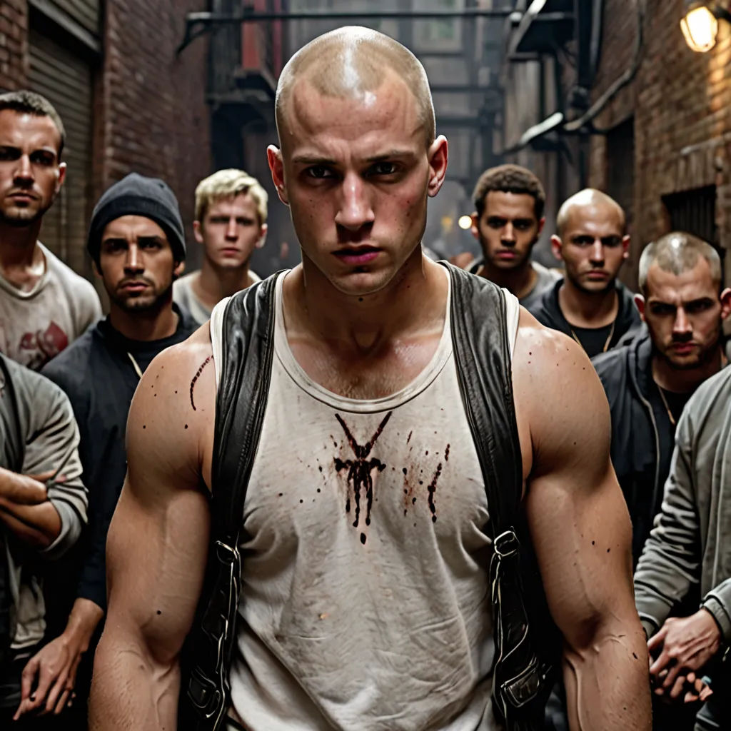 a group of men standing in a alley way with a bald head and a white shirt on and a black backpack, Dirk Crabeth, les nabis, a detailed matte painting, cinematic photography