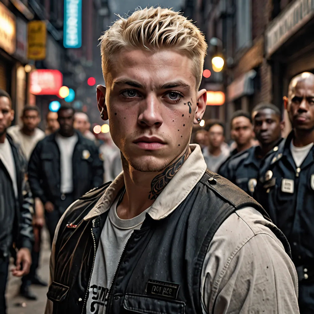a man with a face tattoo standing in front of a group of police officers on a city street at night, David Budd, american realism, a poster, promotional image