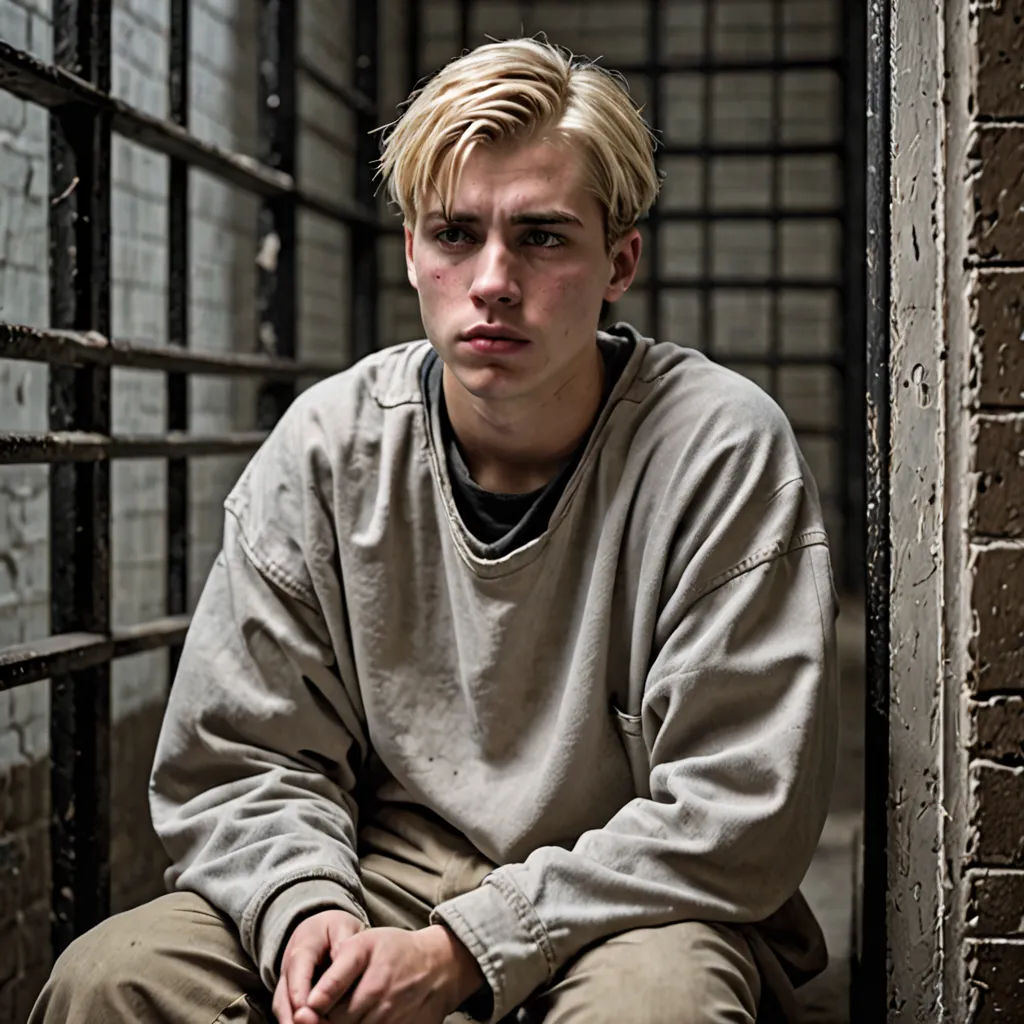 a man sitting on a jail cell with his hands on his knees and his face slightly obscured by his hands, David Budd, american realism, a character portrait, promotional image