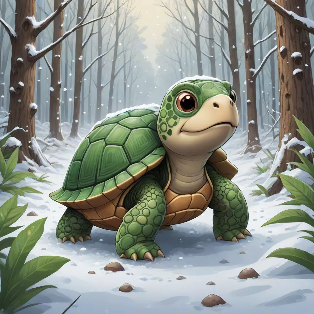 a cartoon turtle in the snow surrounded by trees and leaves, with a sunbeam in the background and a snow covered forest, Chris LaBrooy, sots art, a storybook illustration, magic the gathering artwork