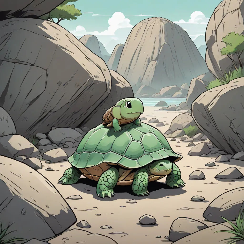 a cartoon turtle is walking on a rocky path near a river and mountains with rocks and grass on either side, Chris LaBrooy, fantasy art, a storybook illustration, official art