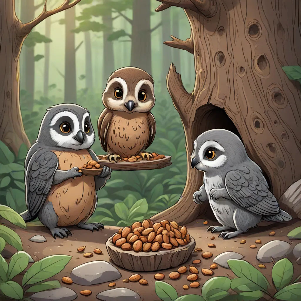 three owls are eating peanuts in a forest with a tree stump and a bird feeder in the foreground, Chris LaBrooy, fantasy art, a storybook illustration, storybook illustration