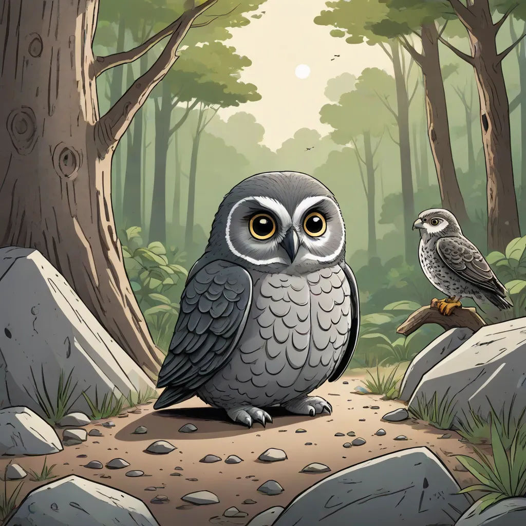 a bird sitting on a rock in a forest with a bird perched on it's back legs and a bird perched on the ground, Dan Mumford, fantasy art, a storybook illustration, storybook illustration