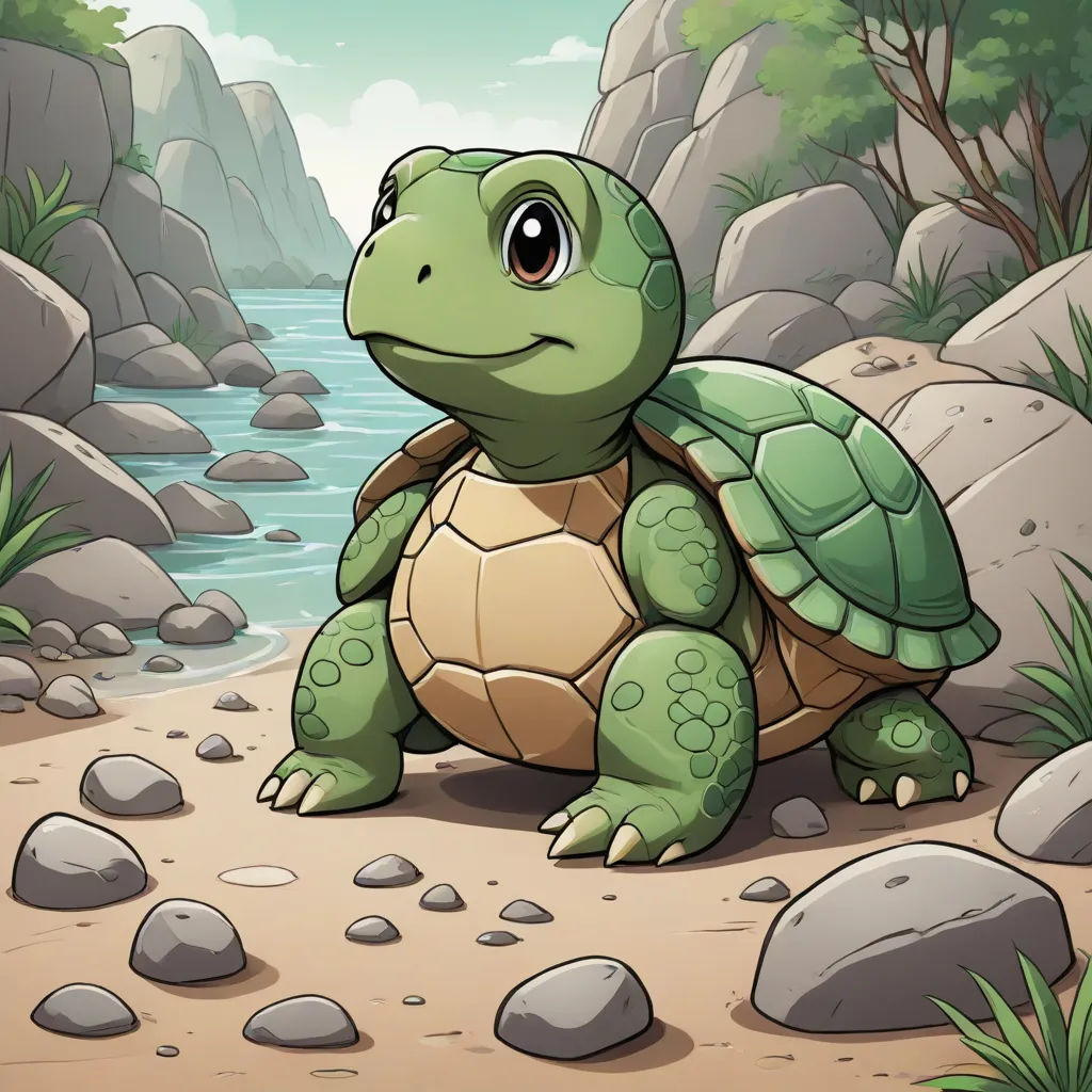 a turtle on a beach near a river and rocks illustration by alex krautt, via flickon, Chris LaBrooy, sots art, a character portrait, character portrait