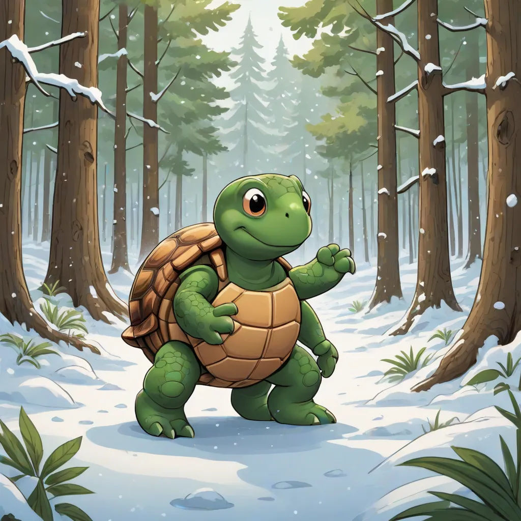 a cartoon turtle is walking through a snowy forest with trees and snow on the ground and snow on the ground, Chris LaBrooy, sots art, a storybook illustration, official art