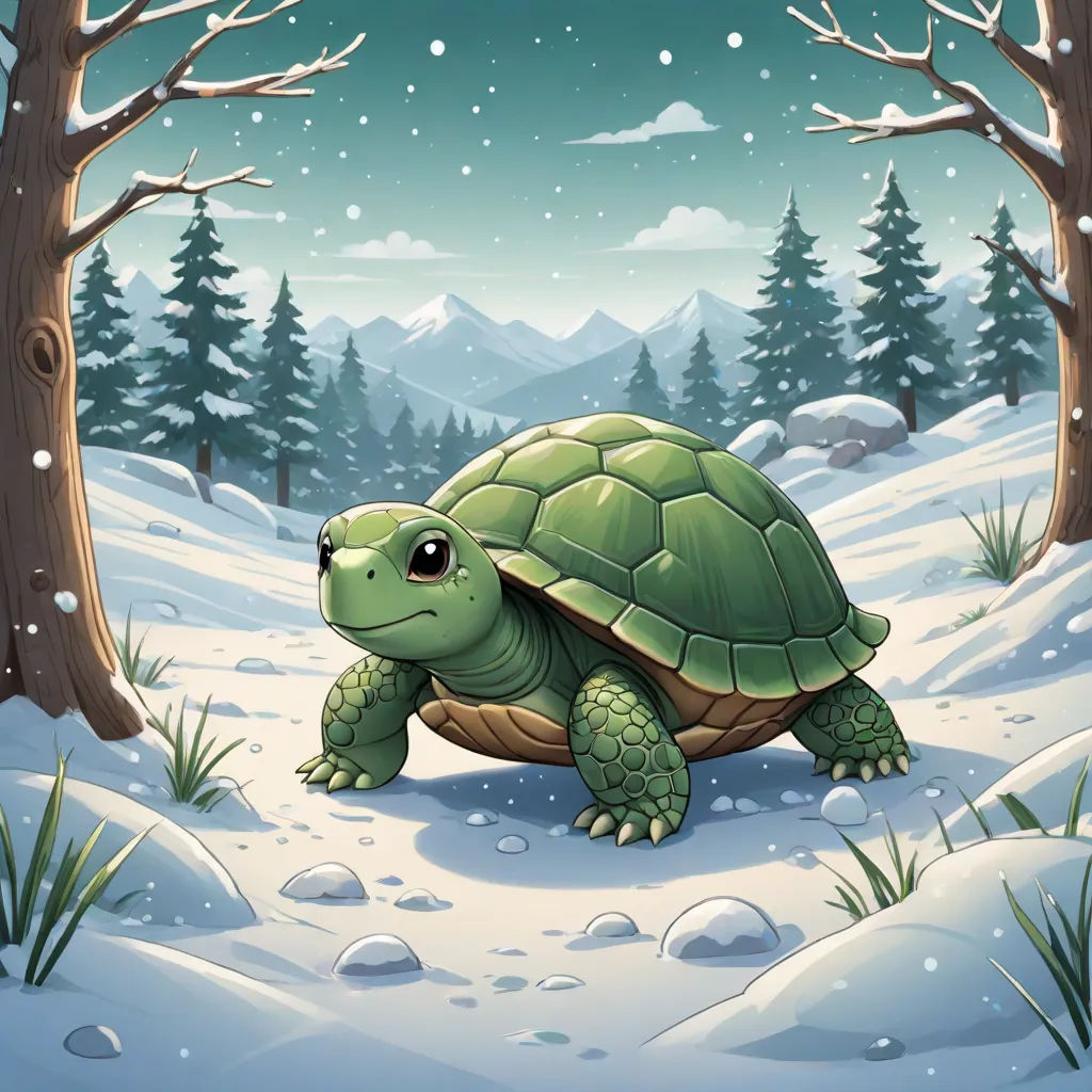 a cartoon turtle in a snowy forest with trees and snow falling on it's ground and snow falling on the ground, Chris LaBrooy, sots art, a storybook illustration, storybook illustration