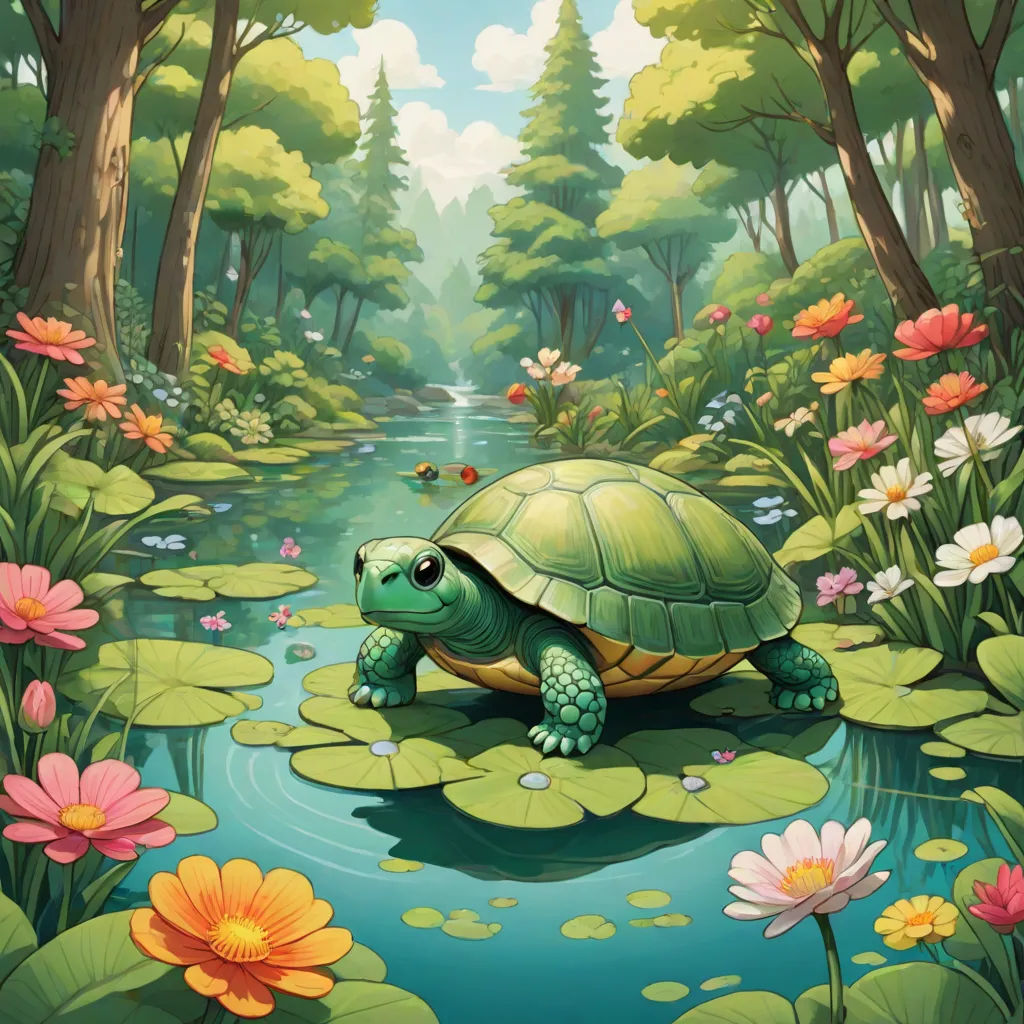 a turtle is sitting on a lily pad in a pond of water surrounded by flowers and trees, with a stream running through the center, Chris LaBrooy, fantasy art, a storybook illustration, highly detailed digital painting
