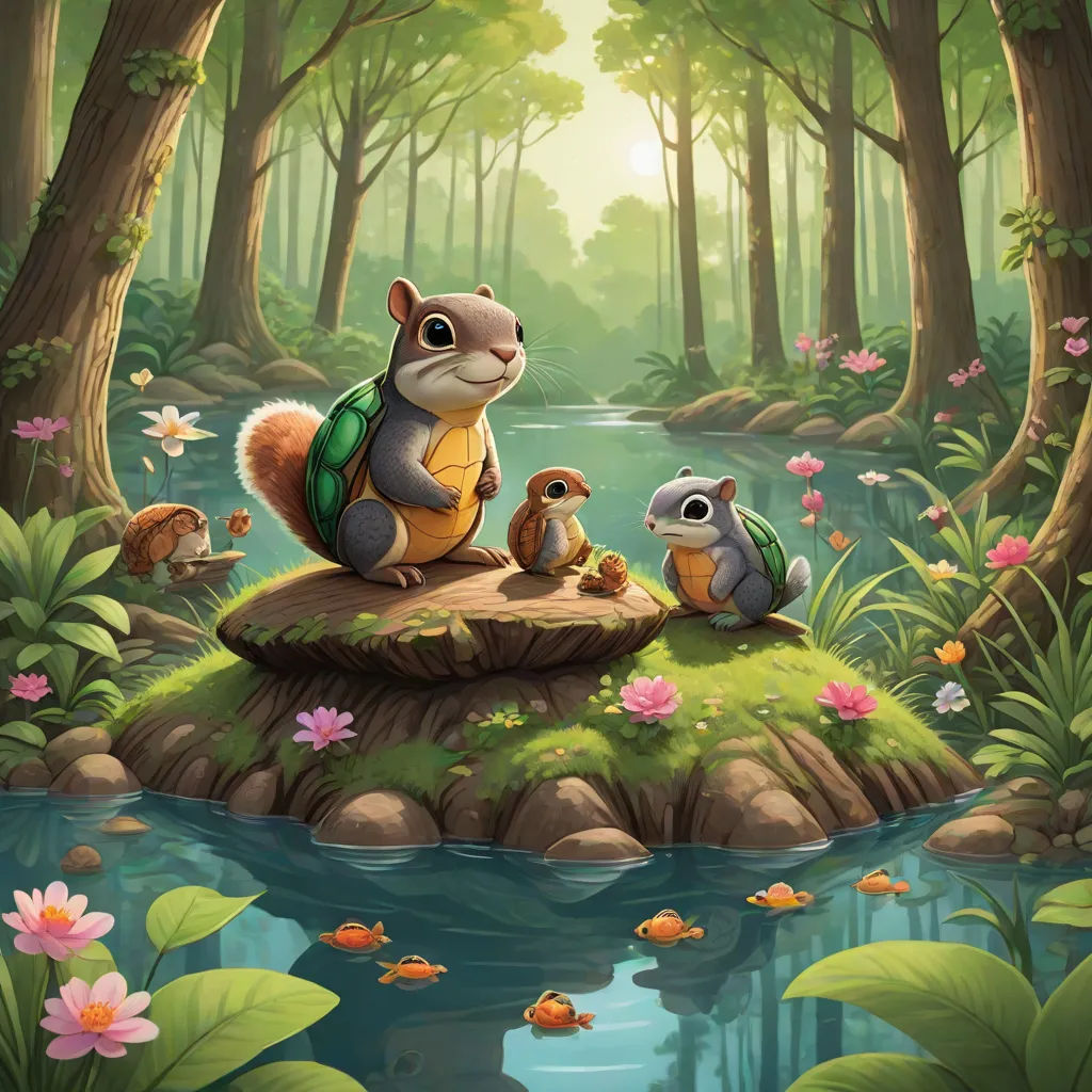 a painting of a squirrel and her babies in a forest by a stream of water with flowers and trees, Chris LaBrooy, american scene painting, a storybook illustration, official art