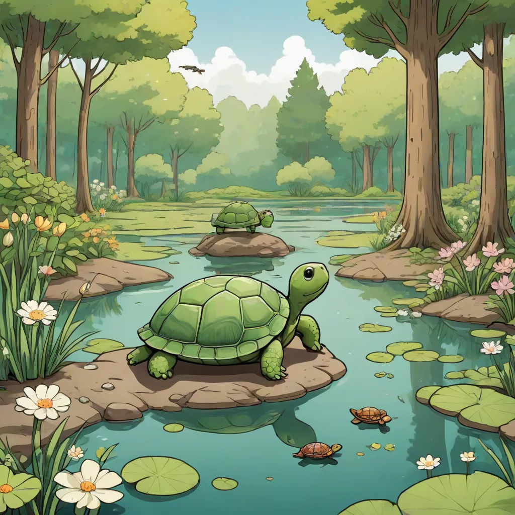 a cartoon of a turtle and a turtle on a rock in a pond with lily pads and trees in the background, Chris LaBrooy, environmental art, a storybook illustration, storybook illustration