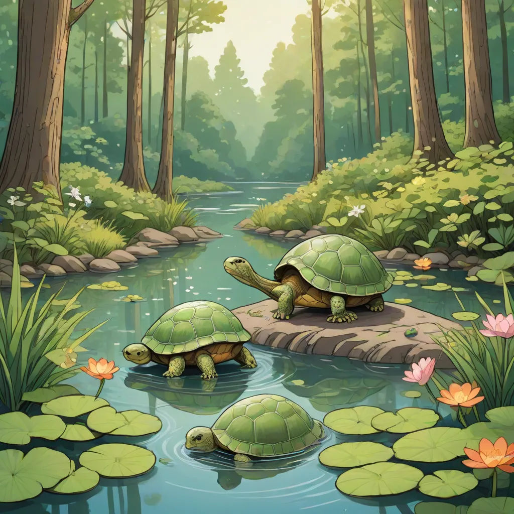 two turtles are sitting on a rock in a pond of water surrounded by lily pads and trees with a sun shining through the trees, Chris LaBrooy, fantasy art, a storybook illustration, storybook illustration