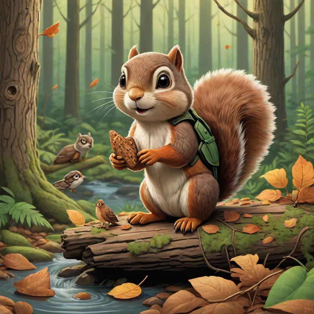 a squirrel with a backpack is sitting on a log in the woods and eating a nut in front of a stream, Chris LaBrooy, sots art, a storybook illustration, official art
