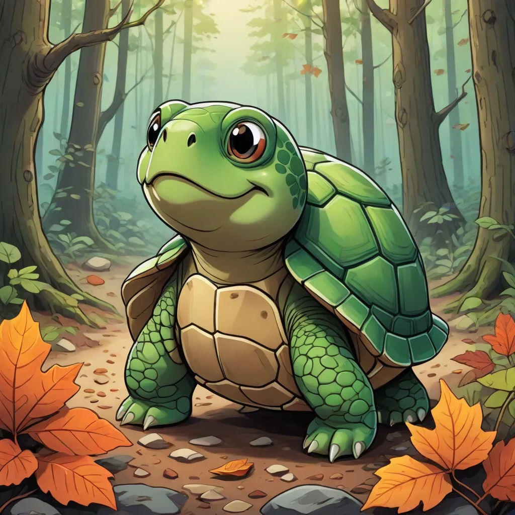 a cartoon turtle in the woods with leaves around it's feet and eyes wide open, looking up at the viewer, Chris LaBrooy, sots art, a character portrait, official art