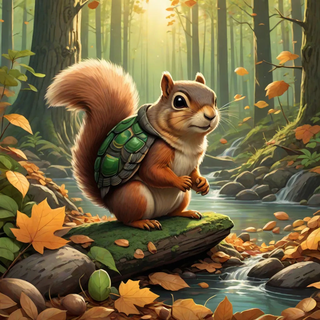 a squirrel with a backpack on sitting on a rock in a forest with leaves and a stream in the background, Chris LaBrooy, sots art, a digital painting, magic the gathering artwork