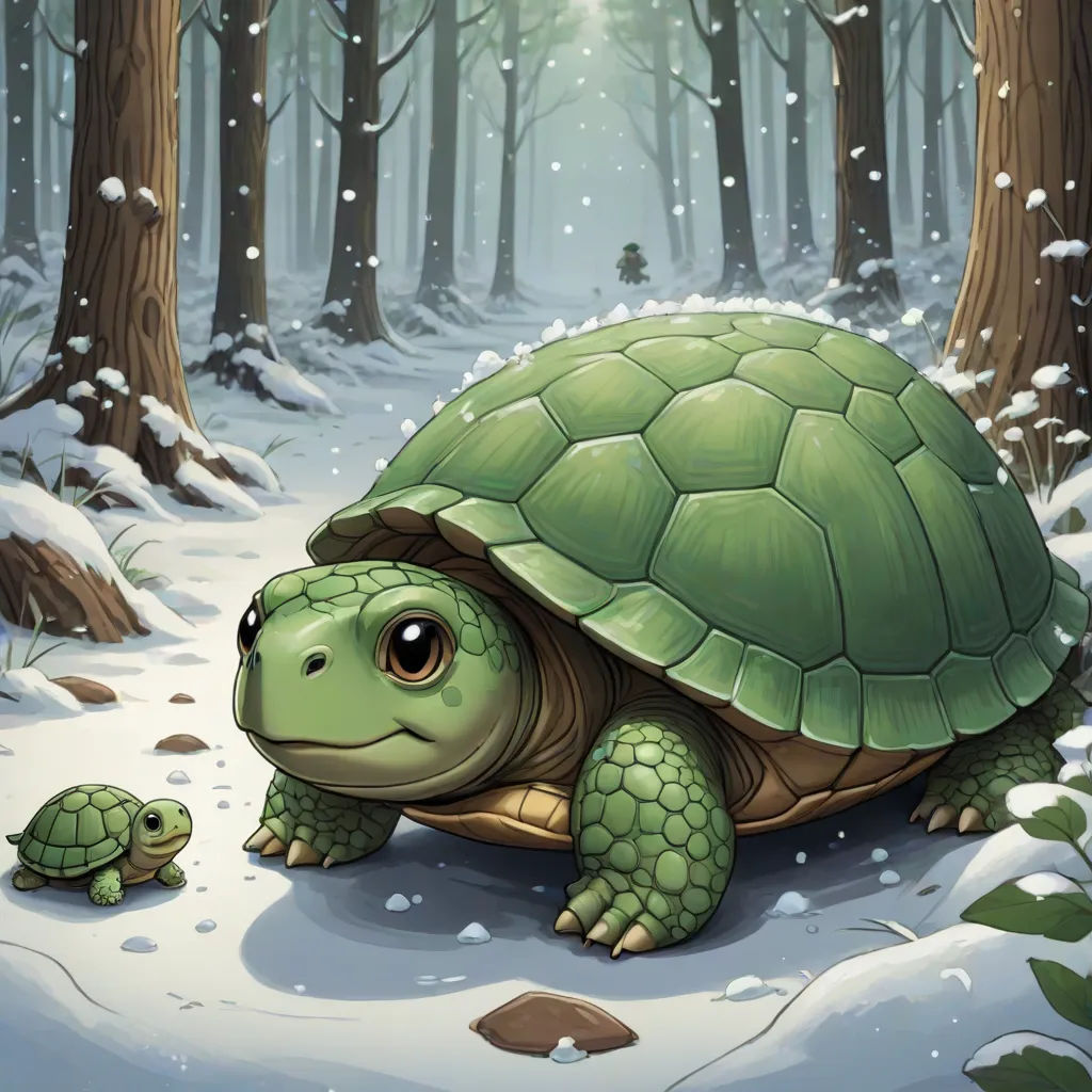 a green turtle and a baby turtle in the snow in a forest with snow falling on the ground and trees, Chris LaBrooy, fantasy art, a storybook illustration, storybook illustration