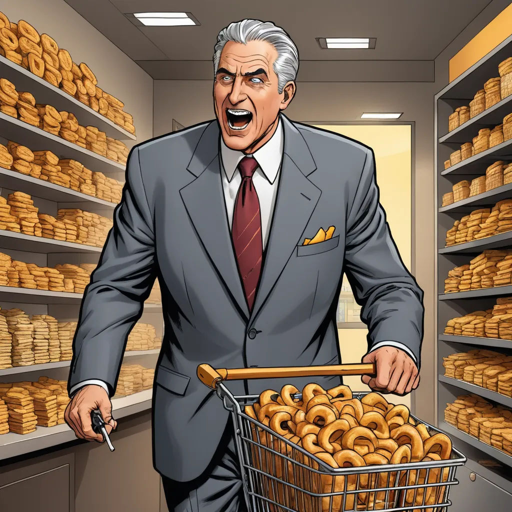 a man in a suit holding a basket of donuts in a store aisle with shelves of donuts, context art, a stock photo, Al Feldstein, official art