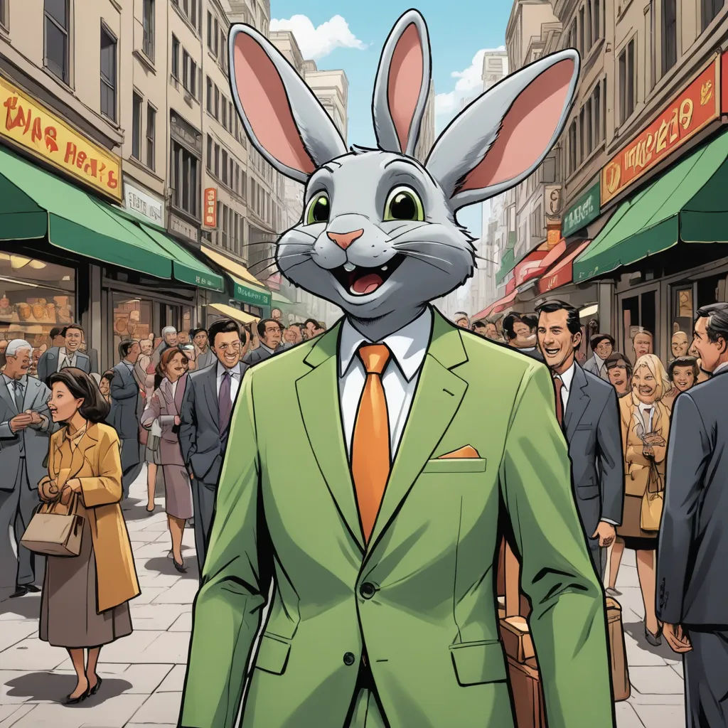 a cartoon of a rabbit in a suit and tie standing in a crowd of people in a city street, furry art, a comic book panel, Chris LaBrooy, comic cover art