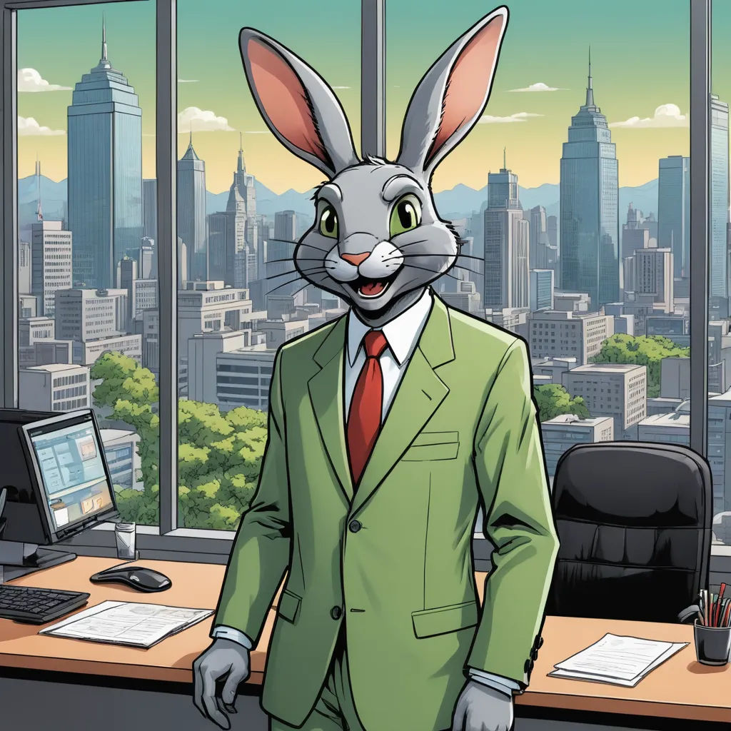 a cartoon rabbit in a suit standing in front of a desk with a computer monitor and keyboard on it, furry art, a character portrait, Cedric Seaut (Keos Masons), loony toons style